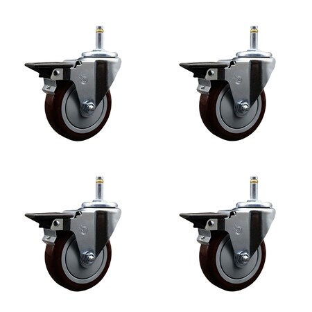 Service Caster 4'' Maroon Poly Swivel 7/16'' Grip Ring Stem Caster Set with Brake, 4PK SCC-GR20S414-PPUB-MRN-PLB-716138-4